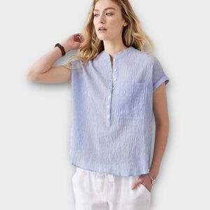 Not Monday‎ Womens L London Short Sleeve Blouse Top Blue White Micro Stripe